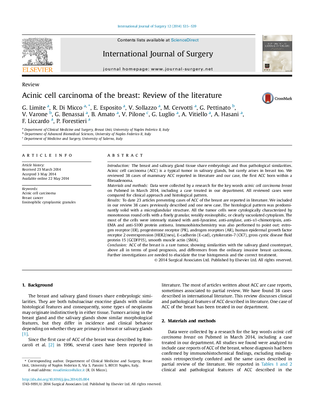 عکس صفحه اول مقاله: Acinic cell carcinoma of the breast: Review of the literature Acinic cell carcinoma of the breast: Review of the literature