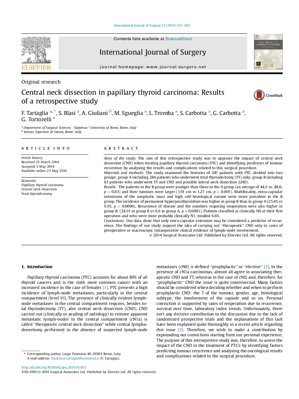 Central neck dissection in papillary thyroid carcinoma: Results of a retrospective study