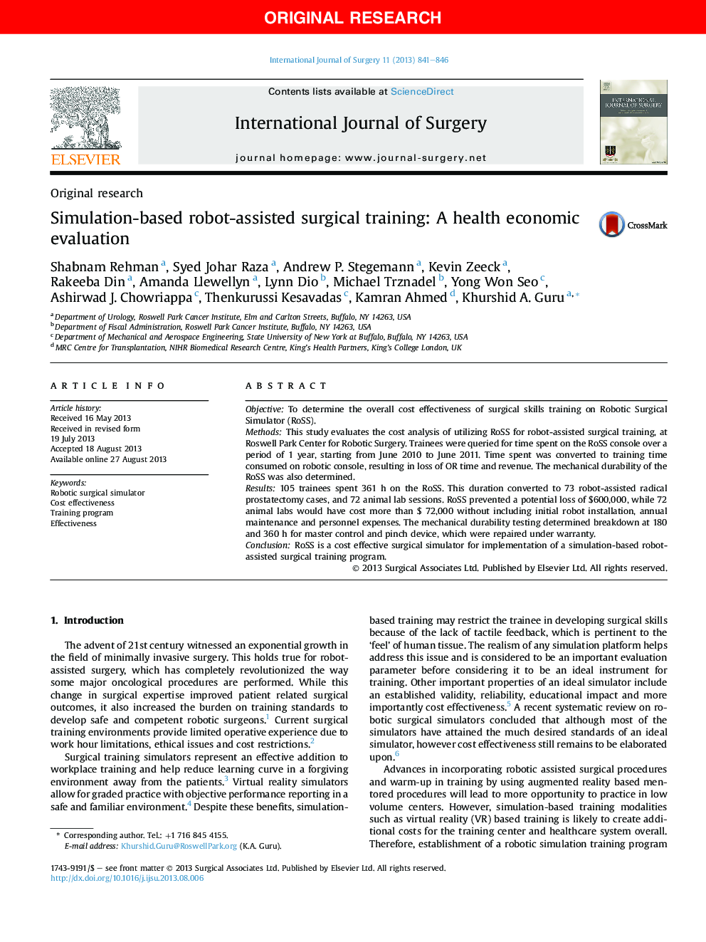 Simulation-based robot-assisted surgical training: A health economic evaluation