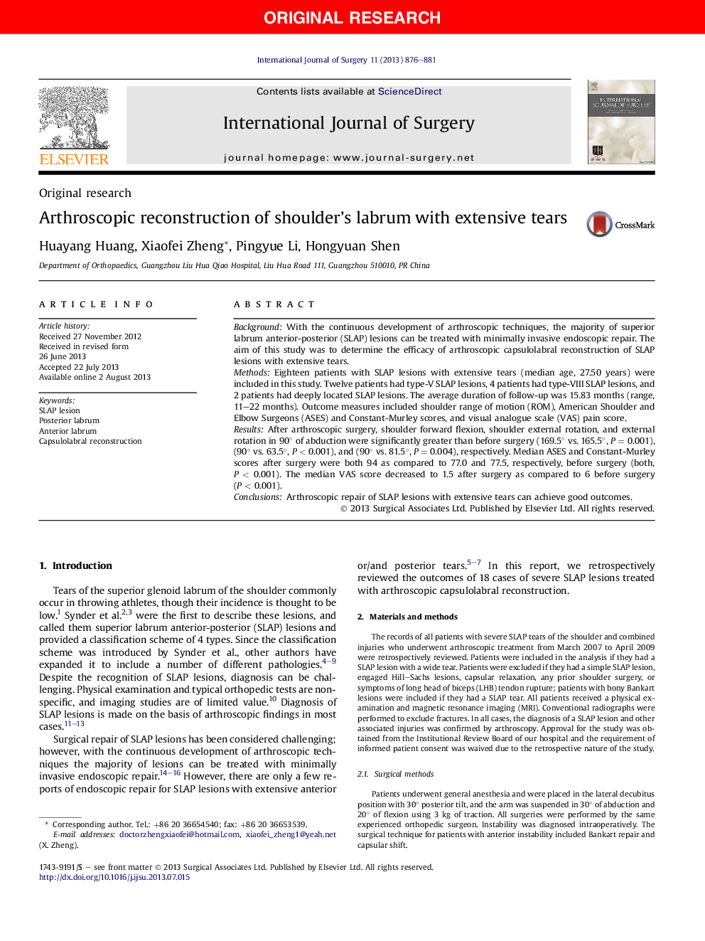 Arthroscopic reconstruction of shoulder's labrum with extensive tears