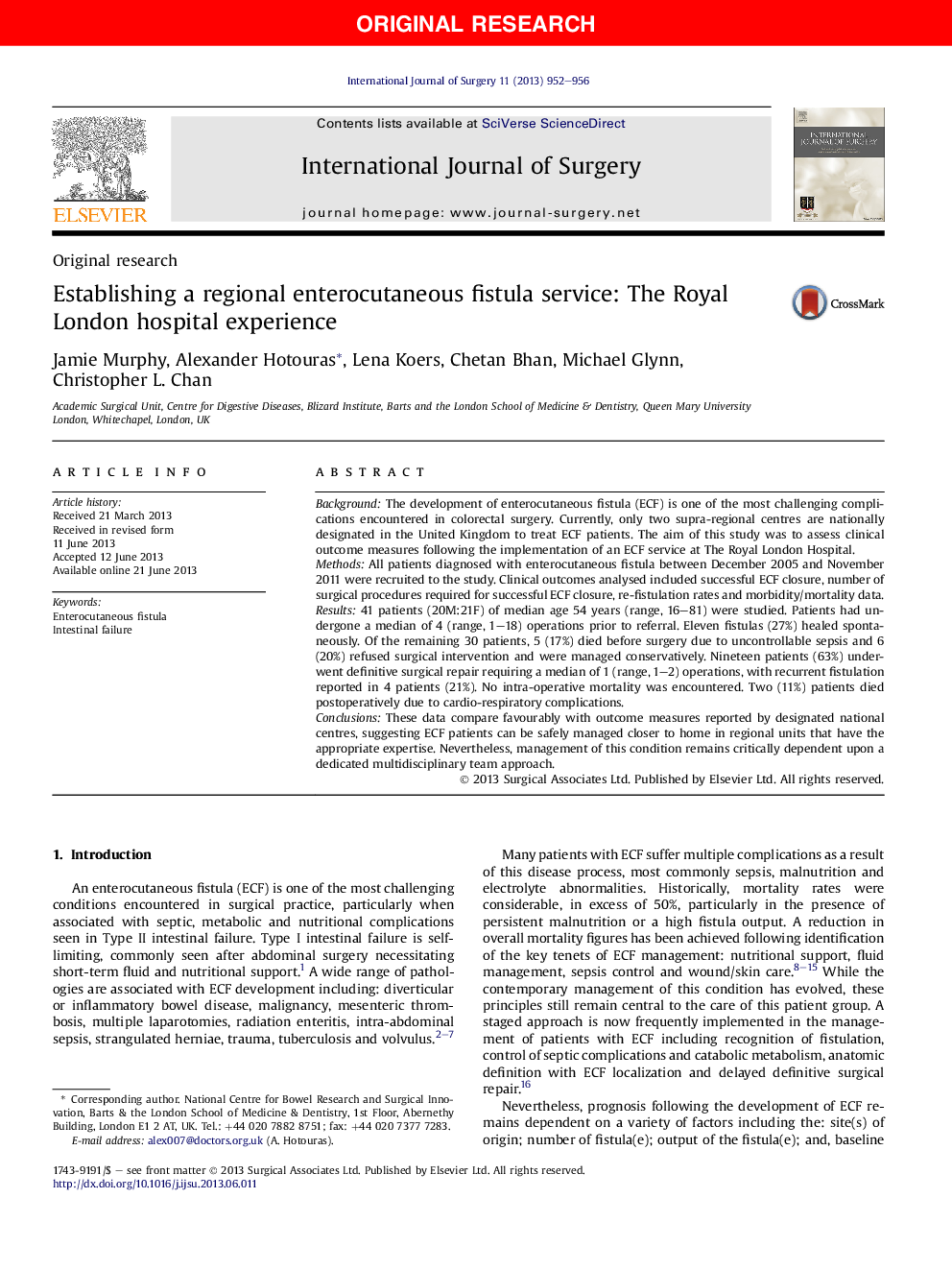 Establishing a regional enterocutaneous fistula service: The Royal London hospital experience