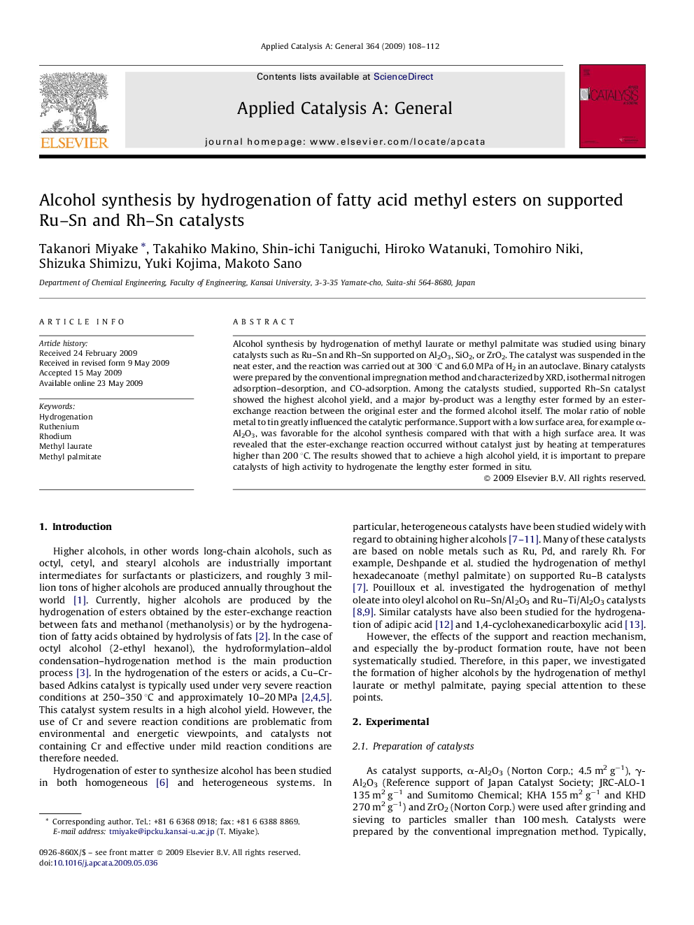 Alcohol synthesis by hydrogenation of fatty acid methyl esters on supported Ru–Sn and Rh–Sn catalysts