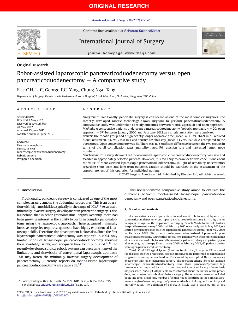 Robot-assisted laparoscopic pancreaticoduodenectomy versus open pancreaticoduodenectomy – A comparative study