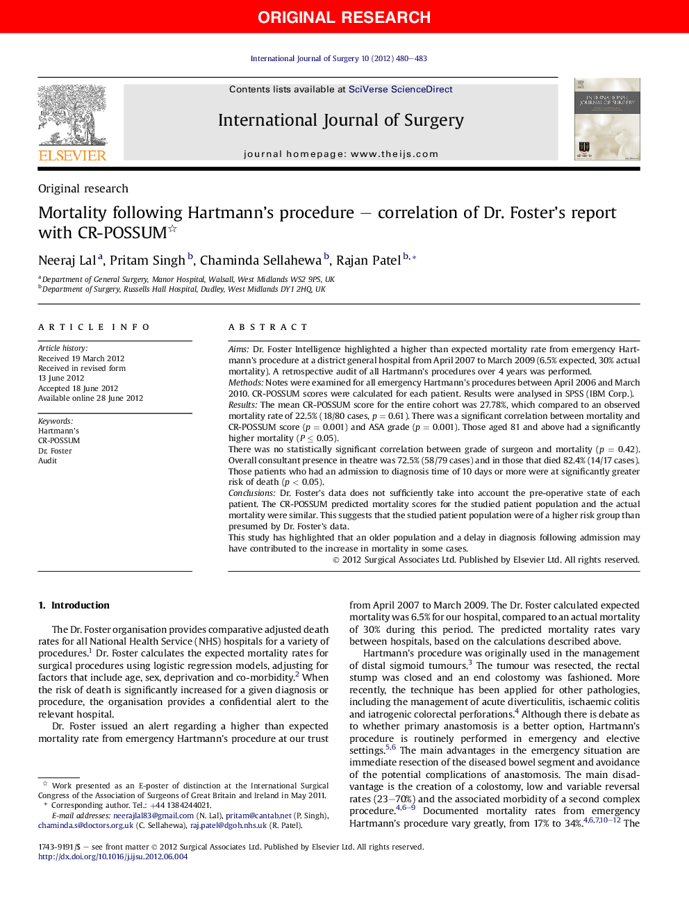 Mortality following Hartmann's procedure – correlation of Dr. Foster's report with CR-POSSUM 