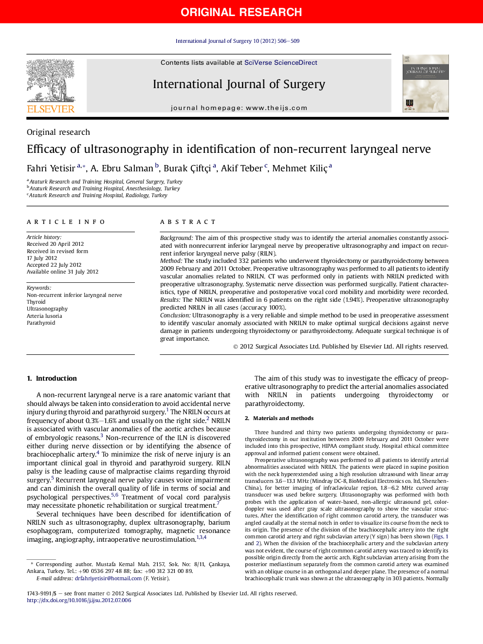 Efficacy of ultrasonography in identification of non-recurrent laryngeal nerve