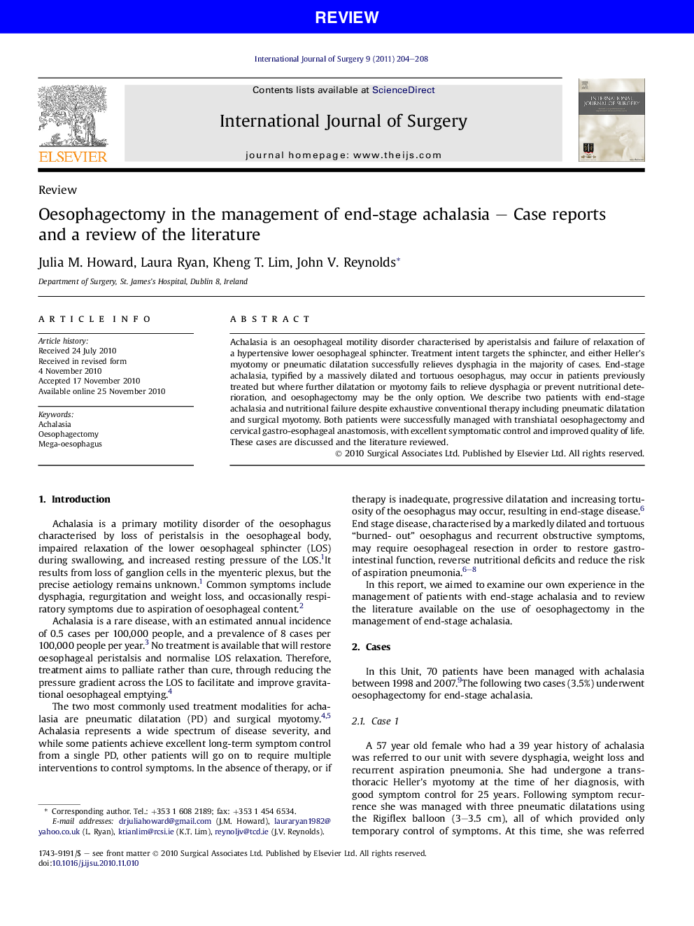 Oesophagectomy in the management of end-stage achalasia – Case reports and a review of the literature