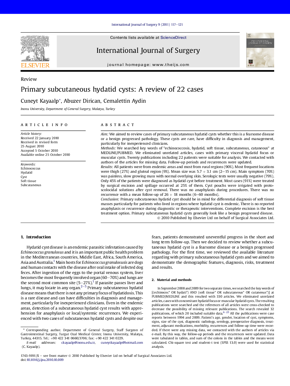 Primary subcutaneous hydatid cysts: A review of 22 cases