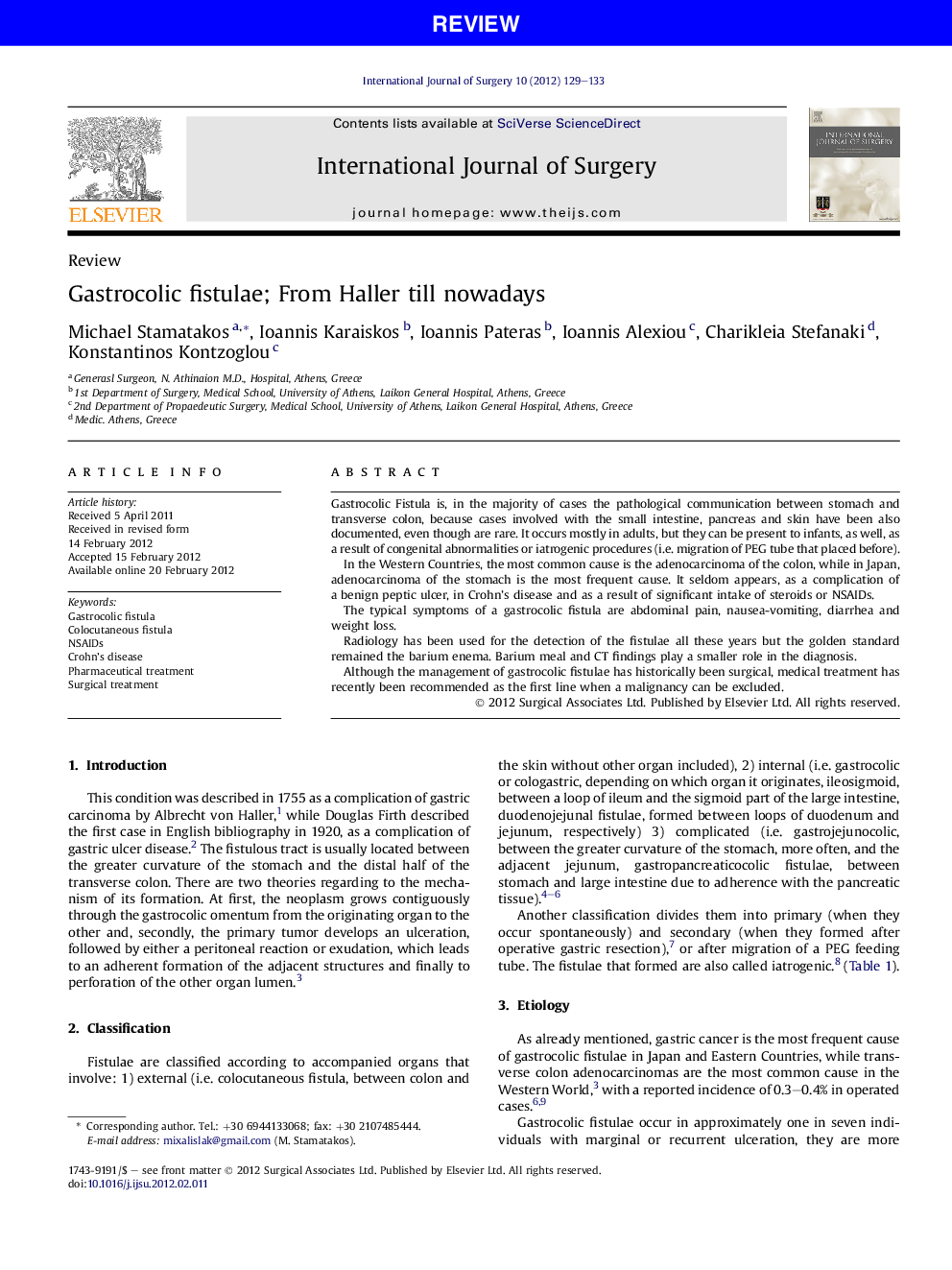 Gastrocolic fistulae; From Haller till nowadays