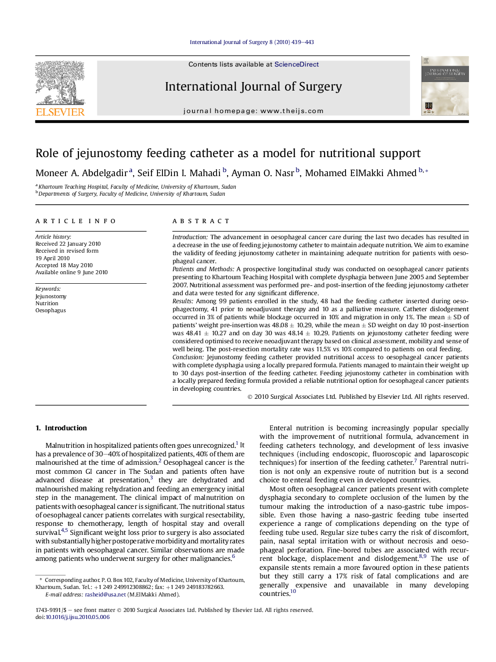 Role of jejunostomy feeding catheter as a model for nutritional support