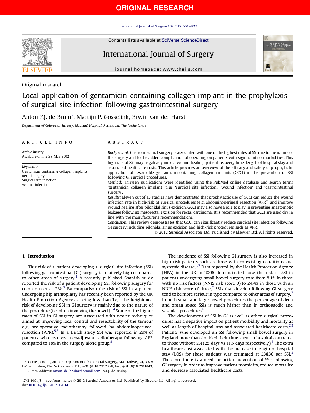 Local application of gentamicin-containing collagen implant in the prophylaxis of surgical site infection following gastrointestinal surgery