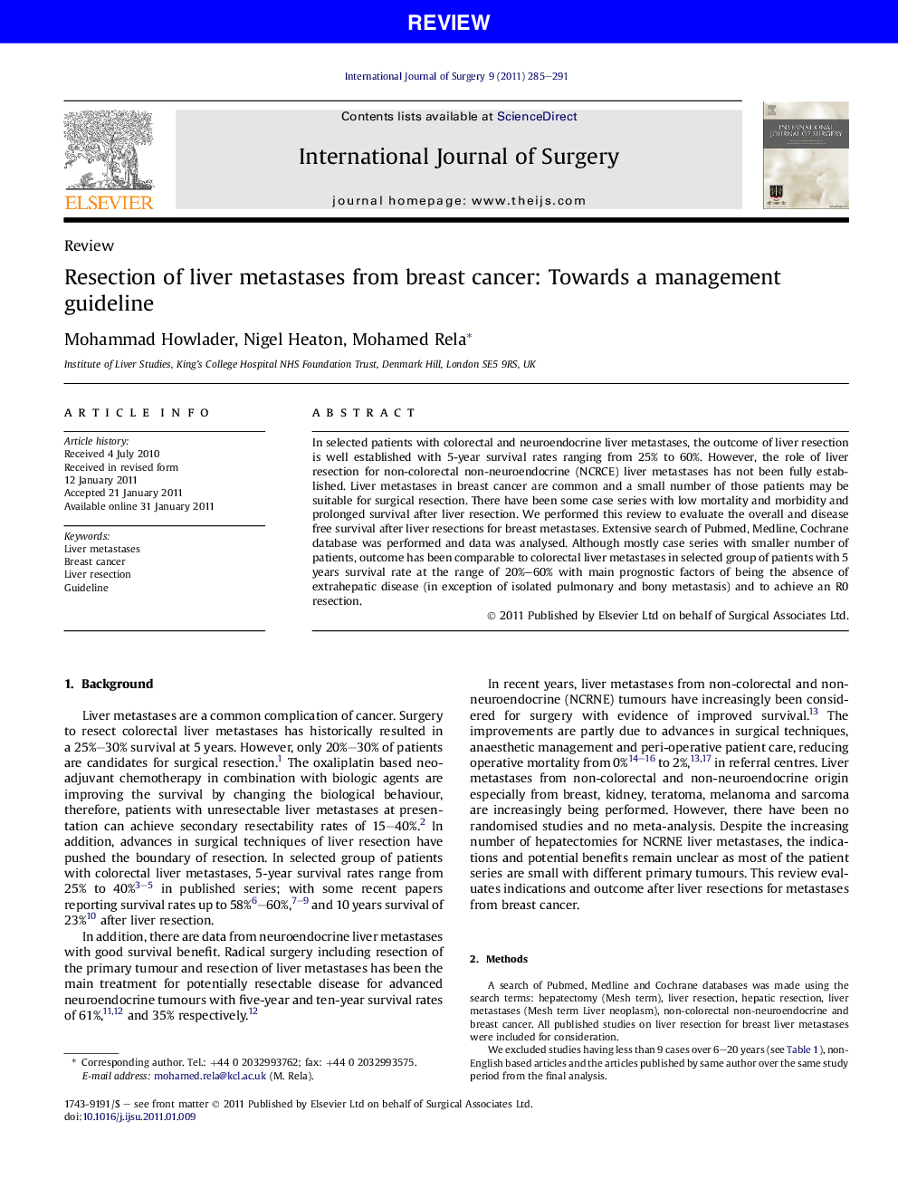 Resection of liver metastases from breast cancer: Towards a management guideline