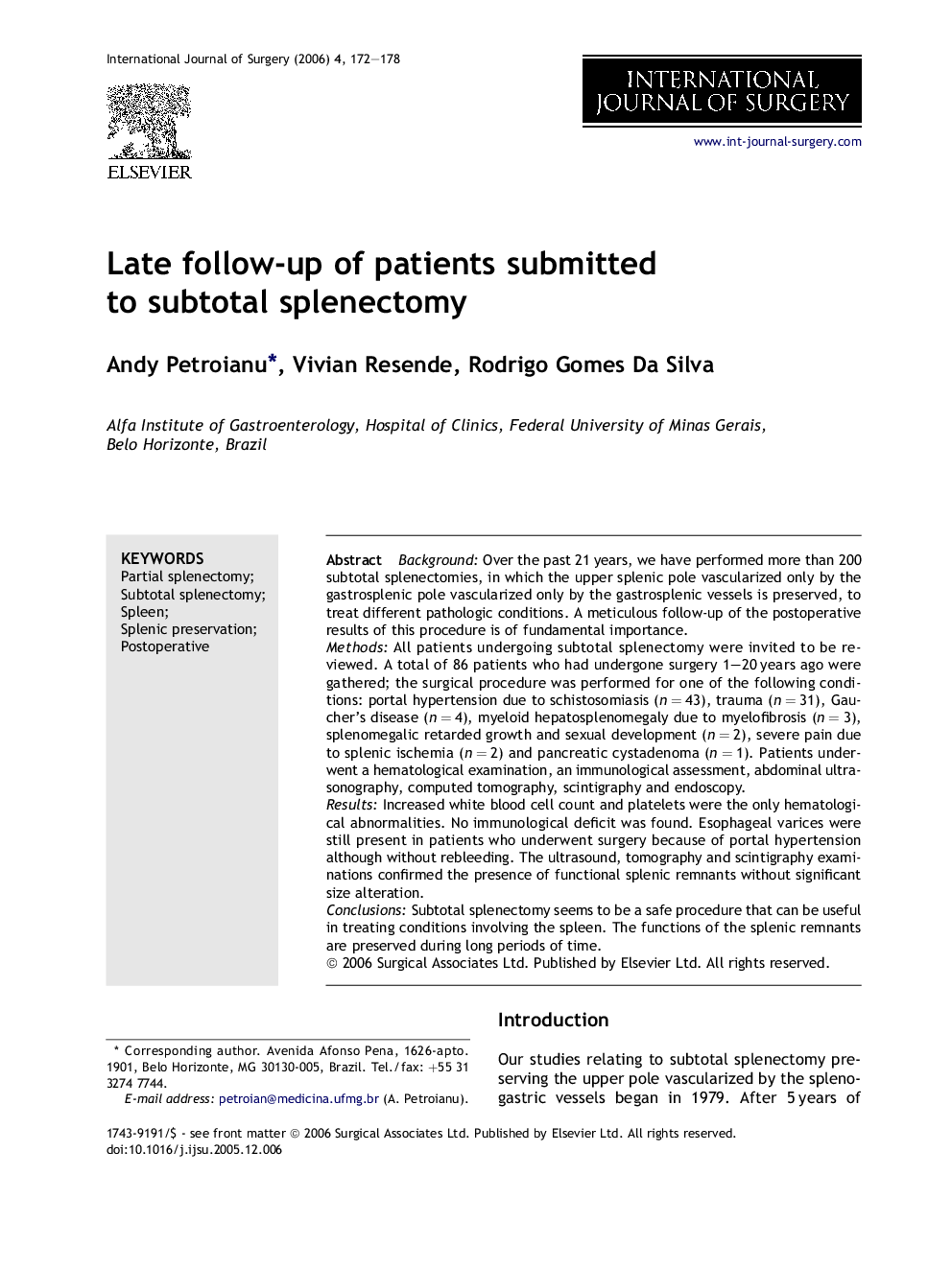 Late follow-up of patients submitted to subtotal splenectomy