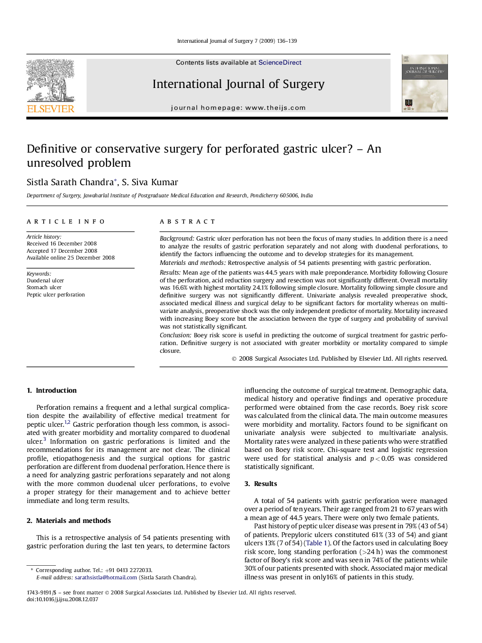 Definitive or conservative surgery for perforated gastric ulcer? – An unresolved problem