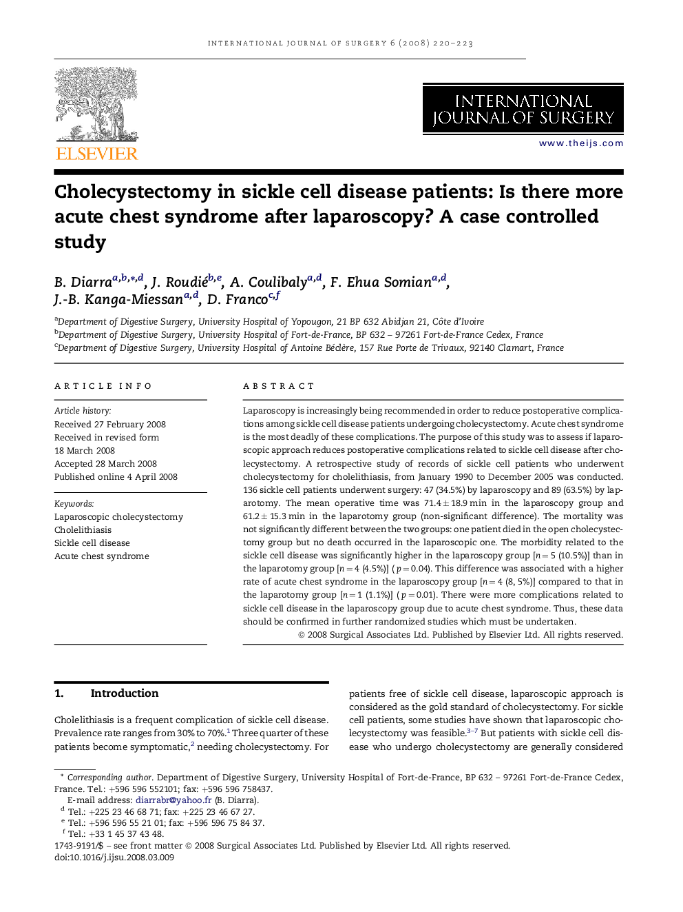 Cholecystectomy in sickle cell disease patients: Is there more acute chest syndrome after laparoscopy? A case controlled study