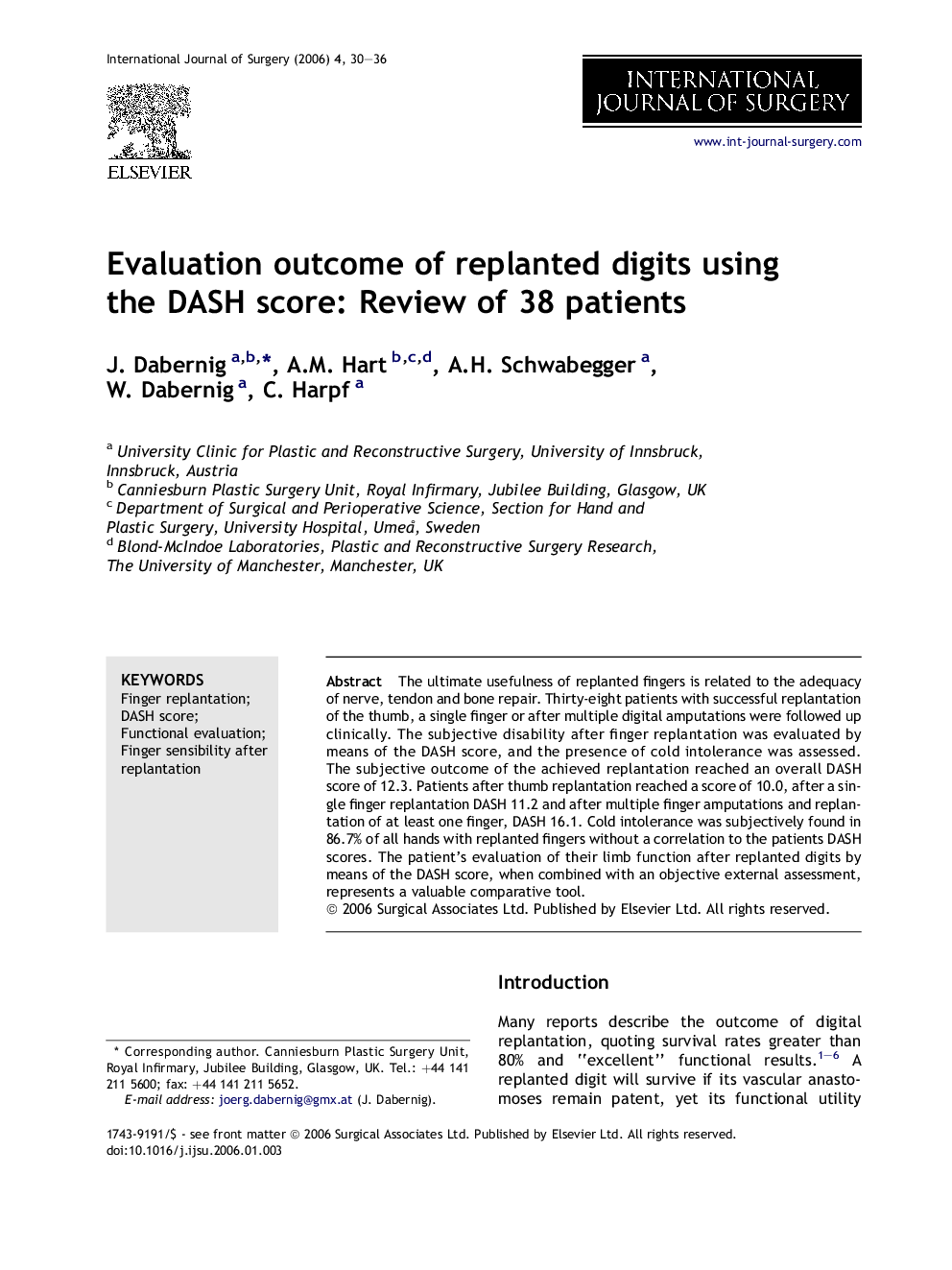 Evaluation outcome of replanted digits using the DASH score: Review of 38 patients