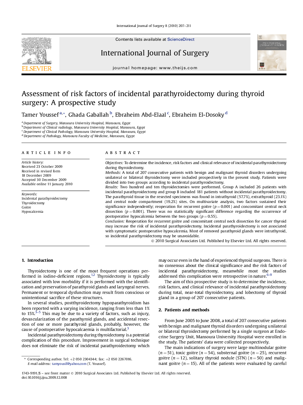 Assessment of risk factors of incidental parathyroidectomy during thyroid surgery: A prospective study