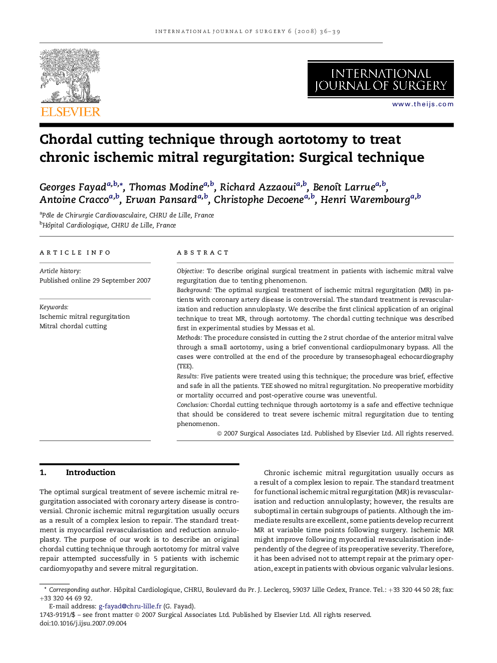 Chordal cutting technique through aortotomy to treat chronic ischemic mitral regurgitation: Surgical technique