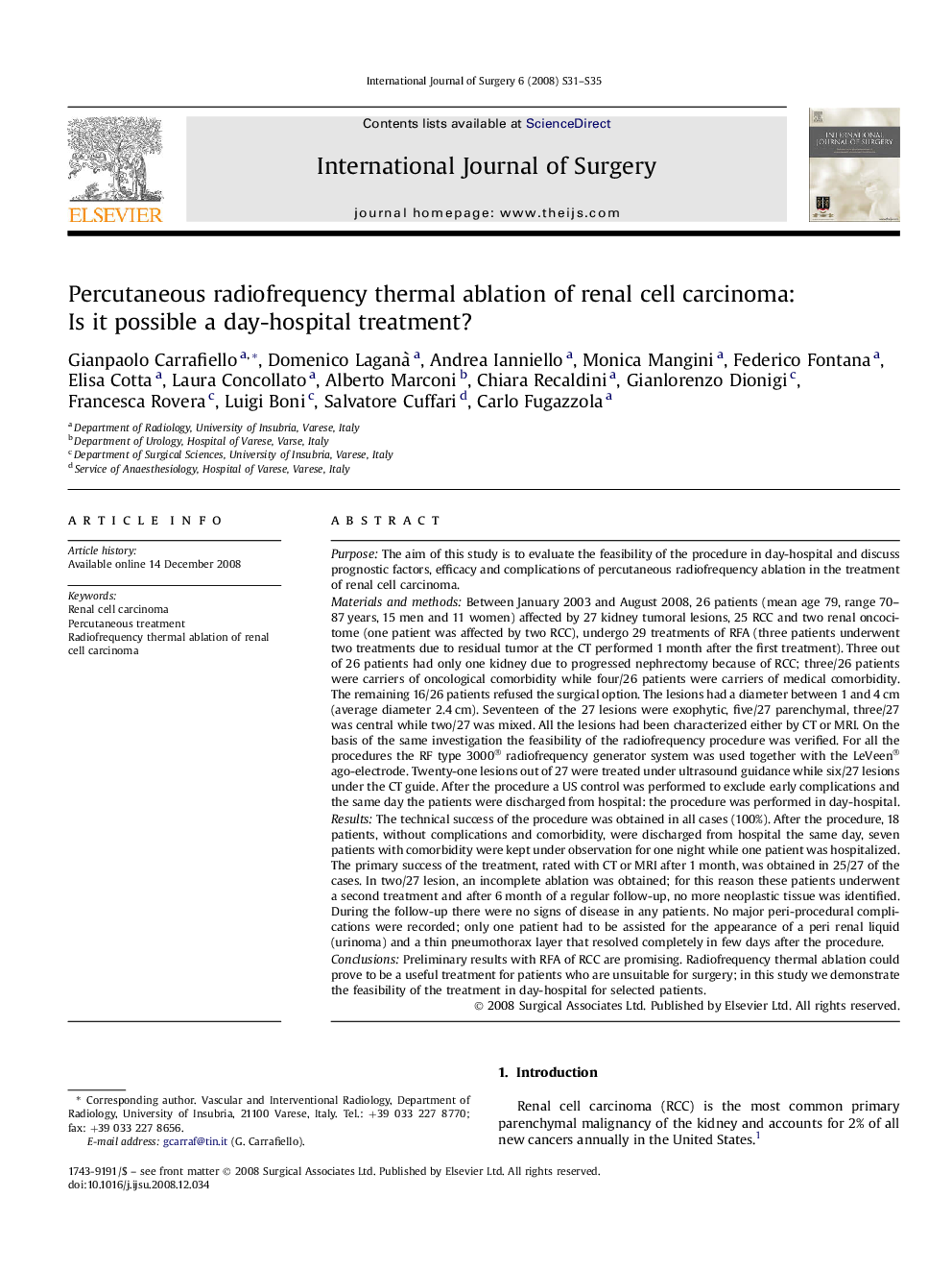 Percutaneous radiofrequency thermal ablation of renal cell carcinoma: Is it possible a day-hospital treatment?