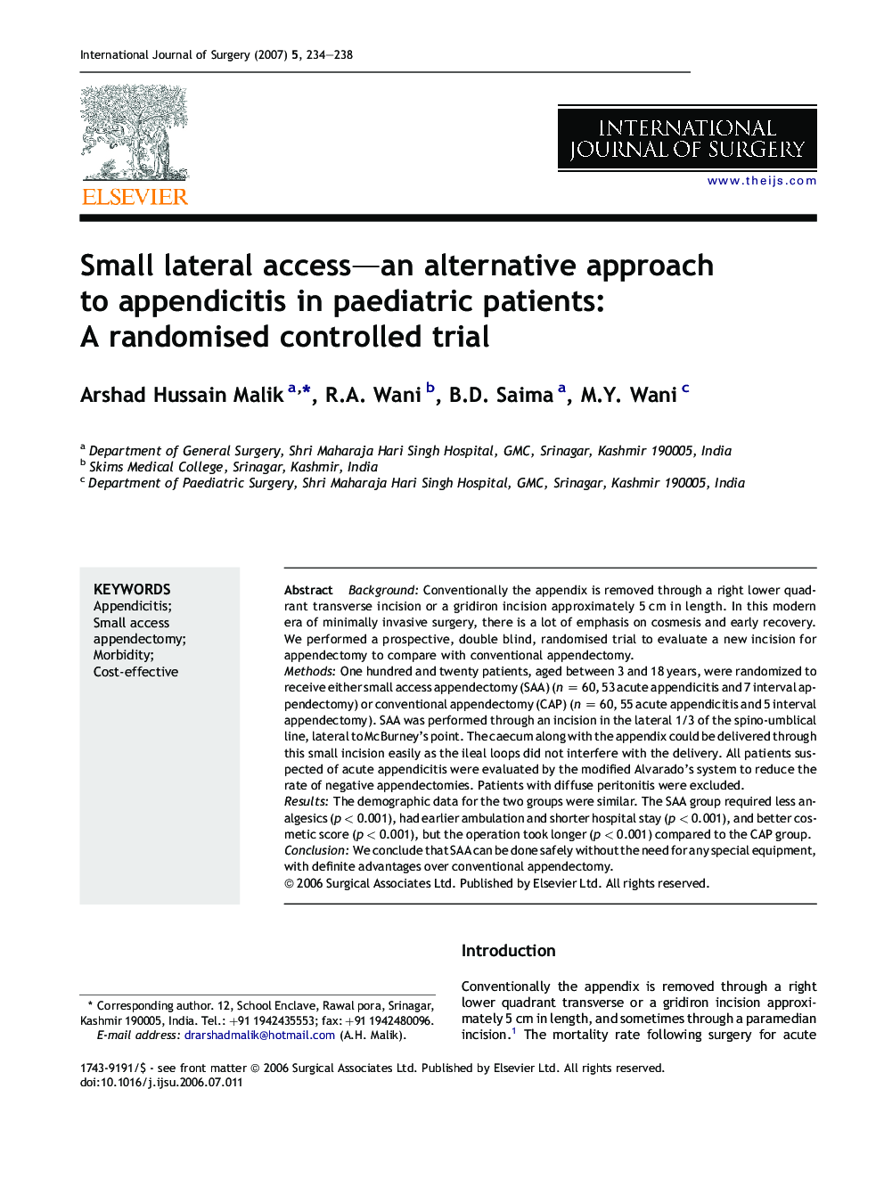 Small lateral access—an alternative approach to appendicitis in paediatric patients: A randomised controlled trial