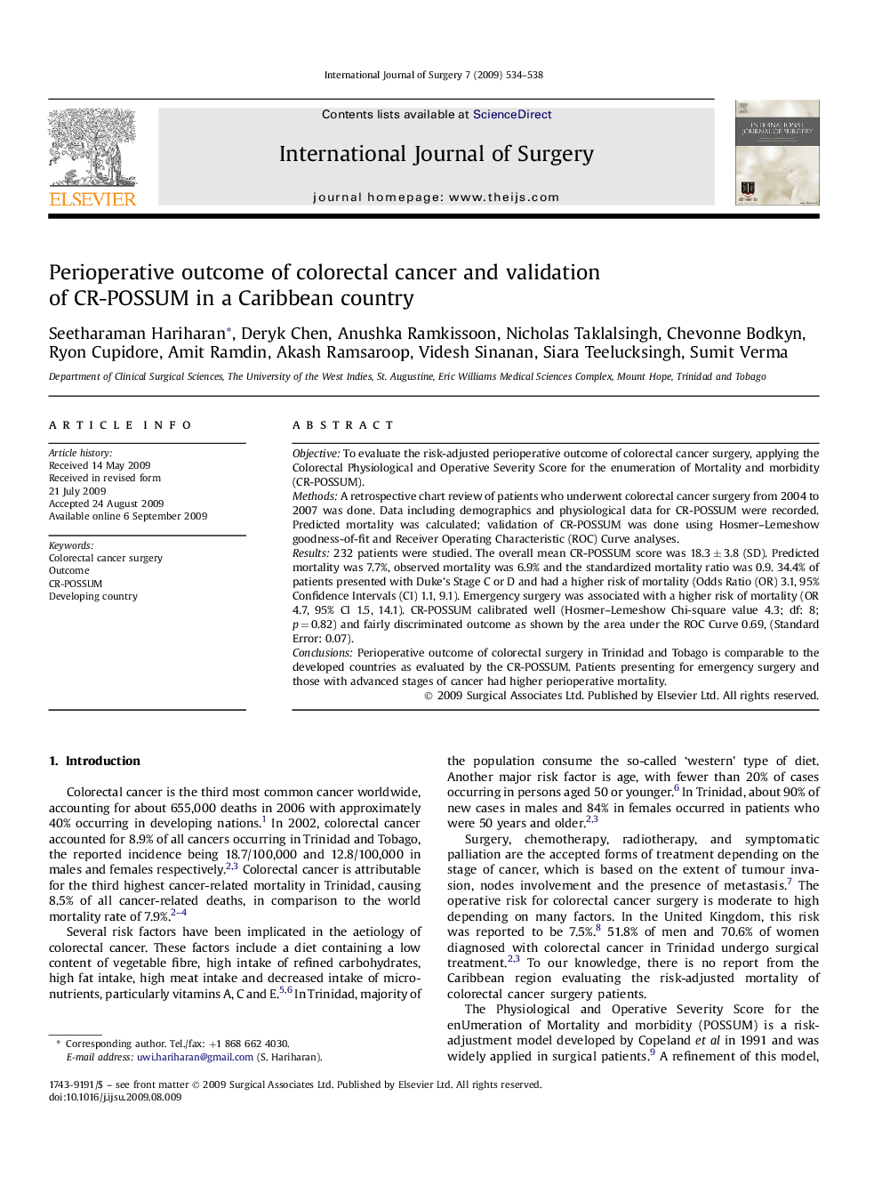 Perioperative outcome of colorectal cancer and validation of CR-POSSUM in a Caribbean country