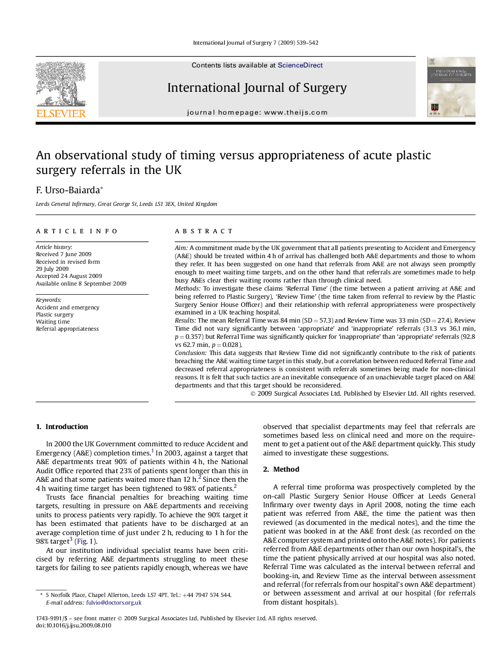 An observational study of timing versus appropriateness of acute plastic surgery referrals in the UK