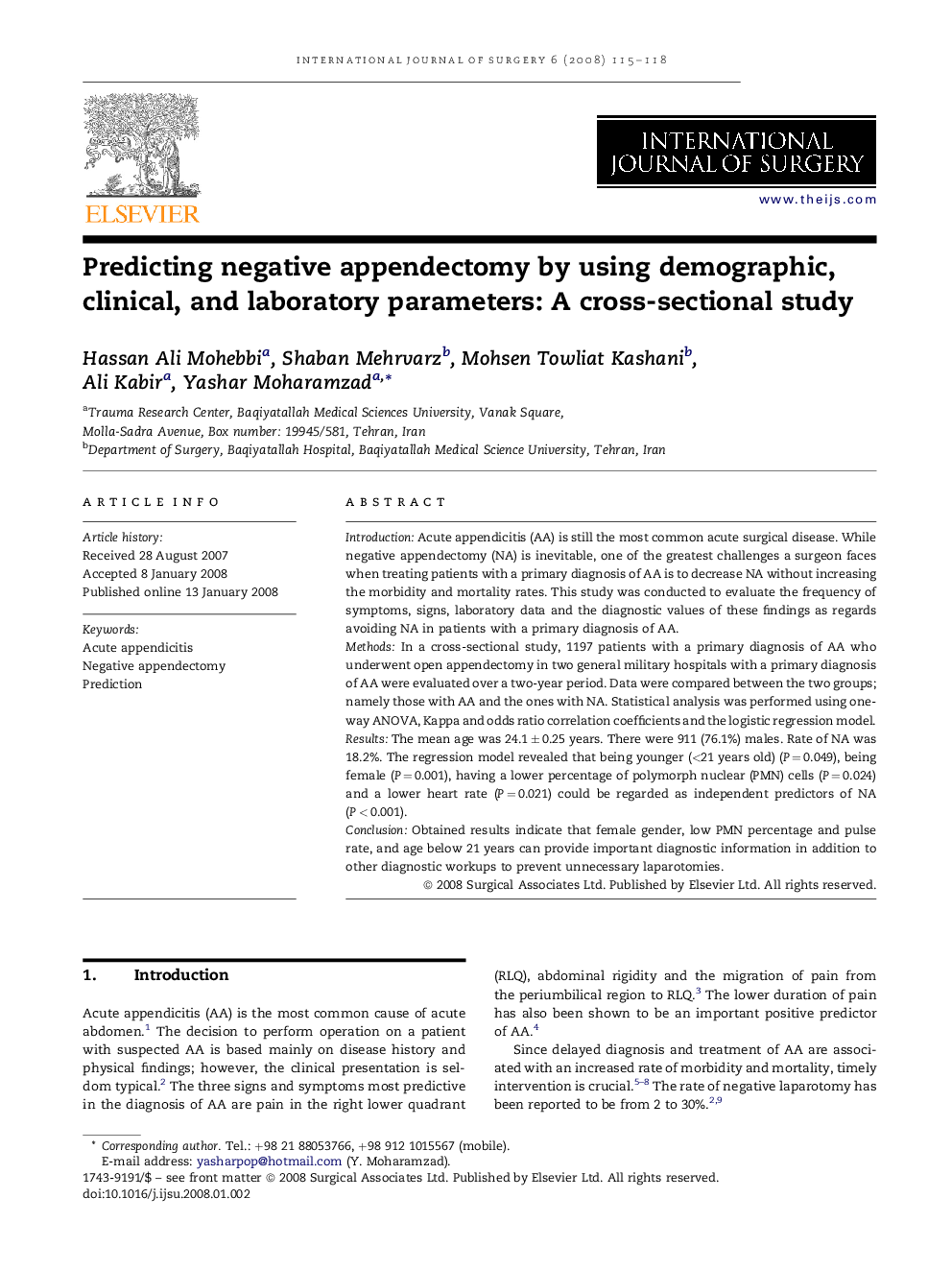 Predicting negative appendectomy by using demographic, clinical, and laboratory parameters: A cross-sectional study