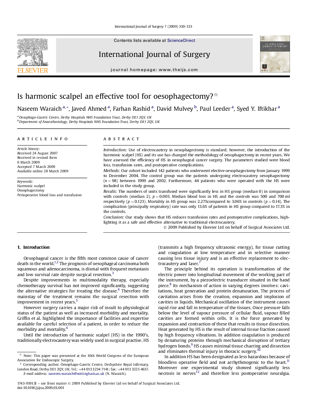 Is harmonic scalpel an effective tool for oesophagectomy? 