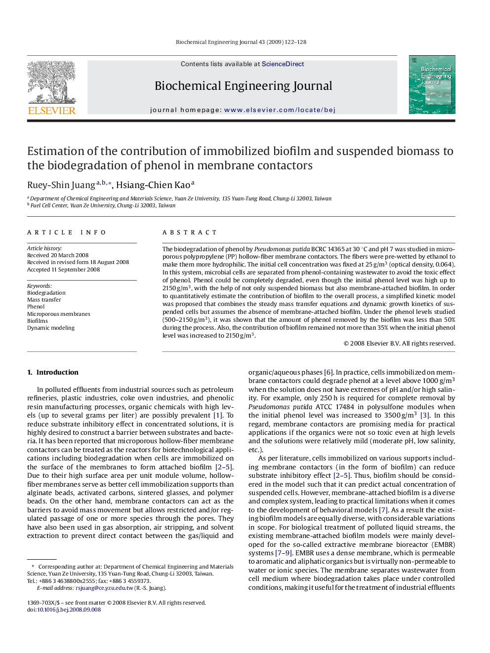 Estimation of the contribution of immobilized biofilm and suspended biomass to the biodegradation of phenol in membrane contactors