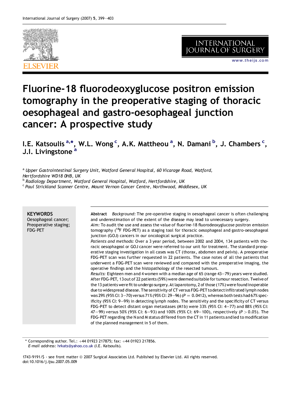 Fluorine-18 fluorodeoxyglucose positron emission tomography in the preoperative staging of thoracic oesophageal and gastro-oesophageal junction cancer: A prospective study