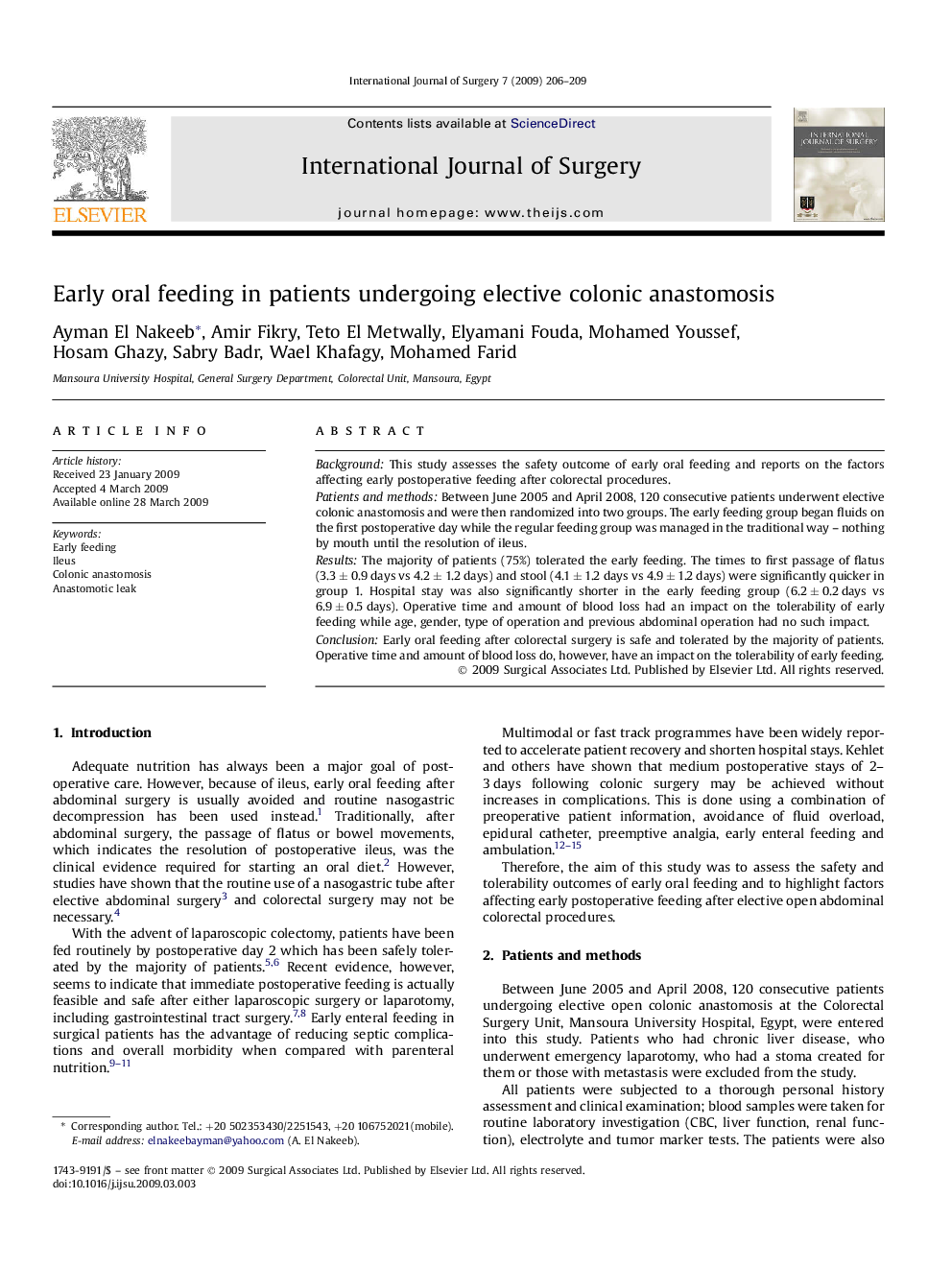 Early oral feeding in patients undergoing elective colonic anastomosis