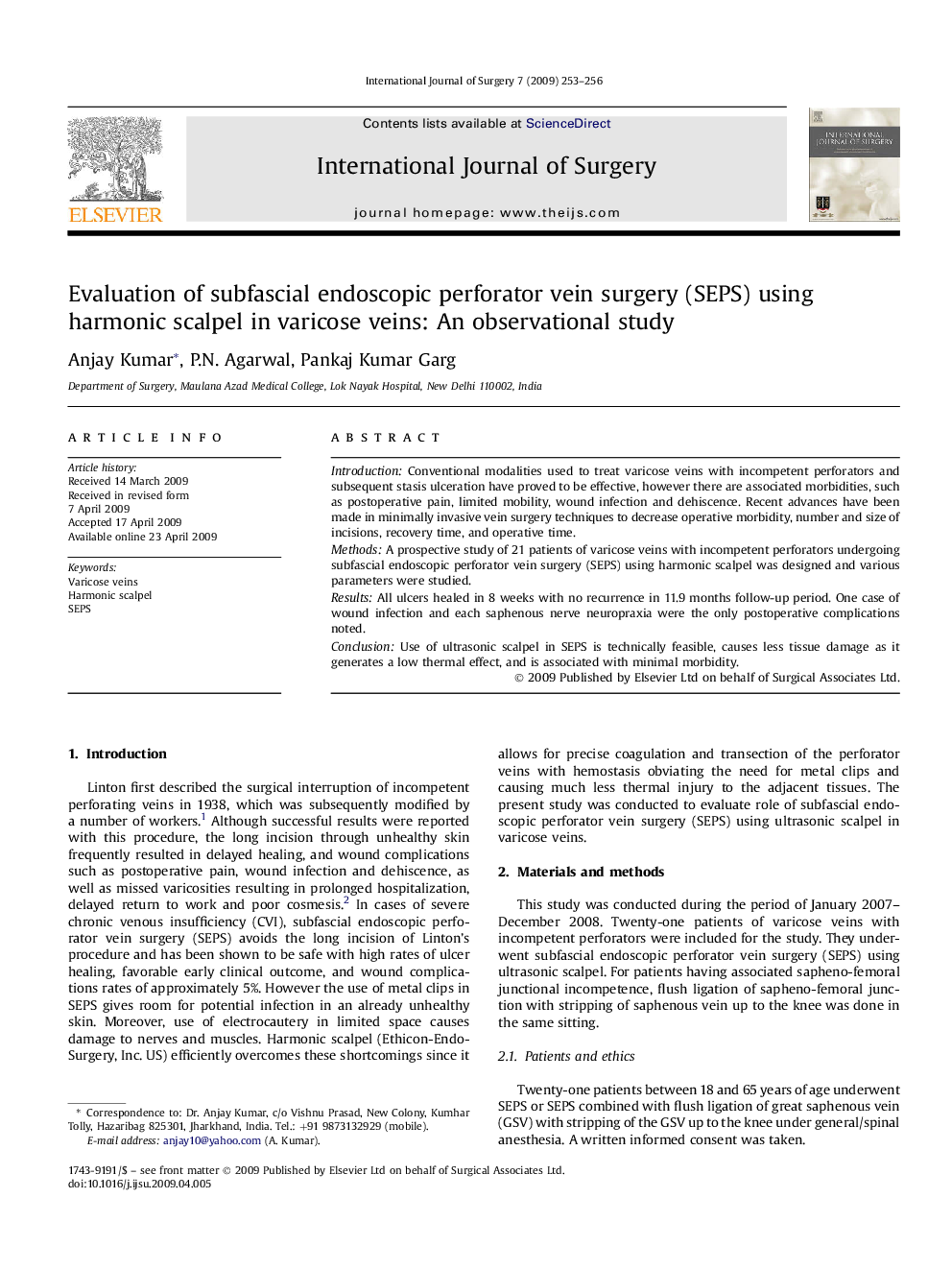 Evaluation of subfascial endoscopic perforator vein surgery (SEPS) using harmonic scalpel in varicose veins: An observational study