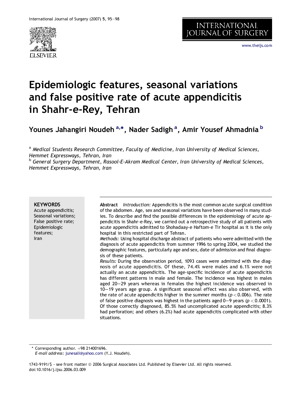 عکس صفحه اول مقاله: Epidemiologic features, seasonal variations and false positive rate of acute appendicitis in Shahr-e-Rey, Tehran Epidemiologic features, seasonal variations and false positive rate of acute appendicitis in Shahr-e-Rey, Tehran