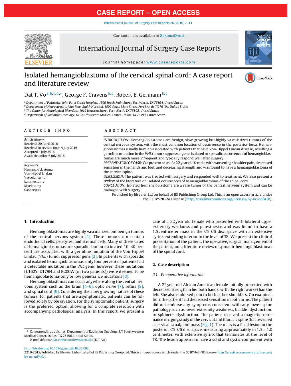 Isolated hemangioblastoma of the cervical spinal cord: A case report and literature review