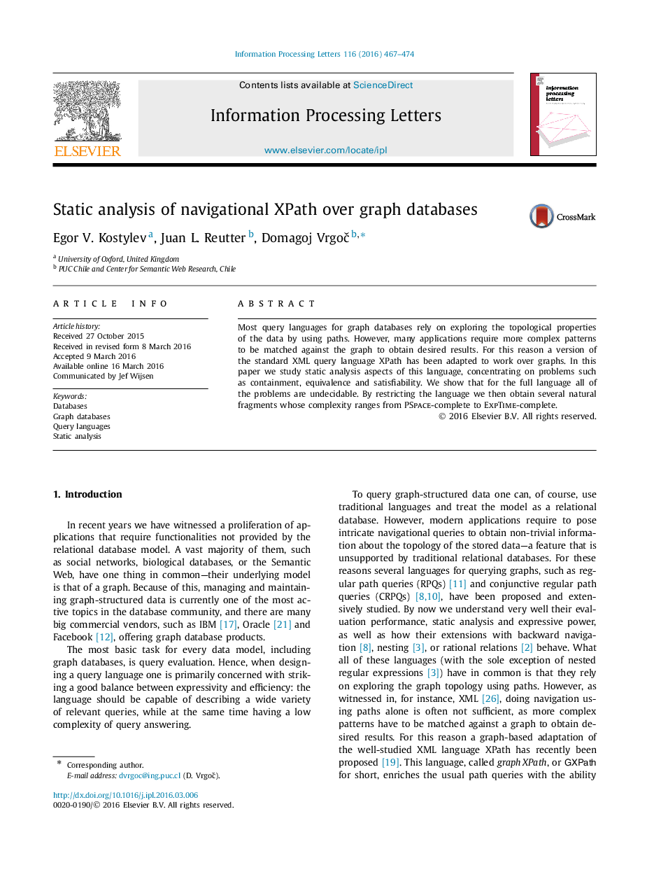 Static analysis of navigational XPath over graph databases