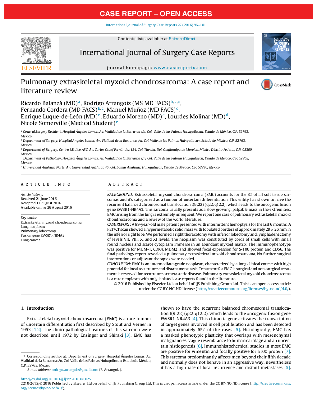 Pulmonary extraskeletal myxoid chondrosarcoma: A case report and literature review