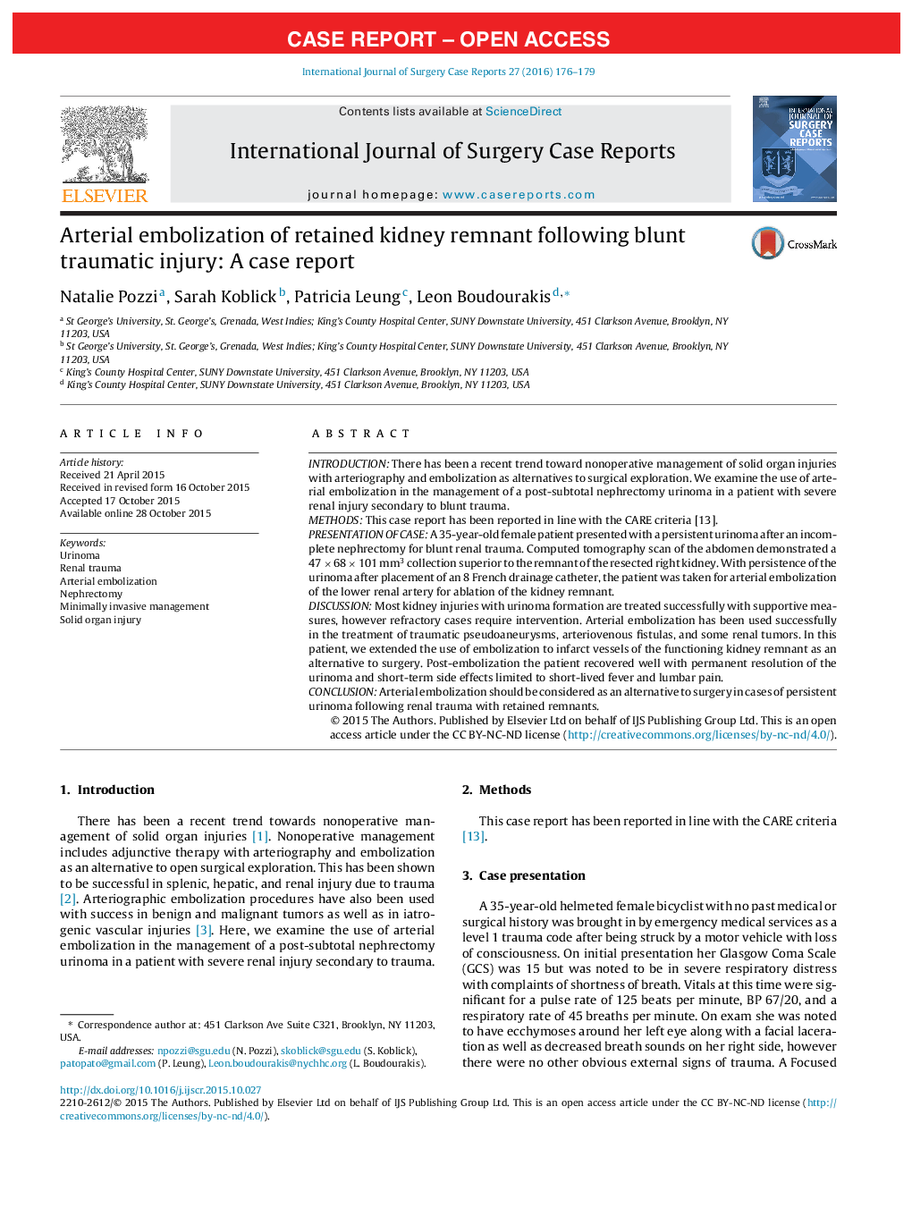 Arterial embolization of retained kidney remnant following blunt traumatic injury: A case report