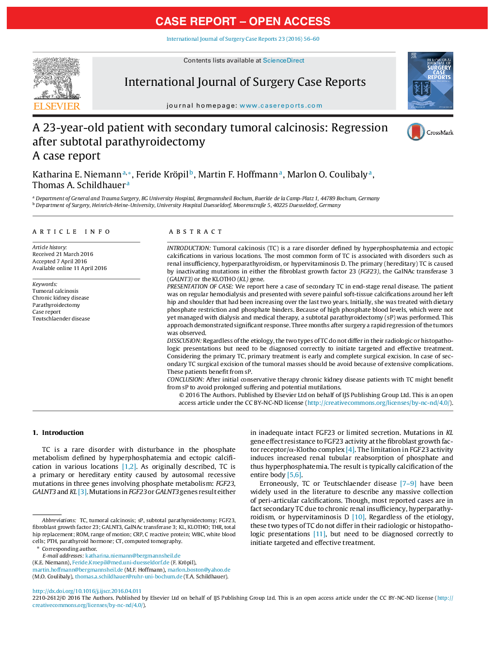 A 23-year-old patient with secondary tumoral calcinosis: Regression after subtotal parathyroidectomy: A case report