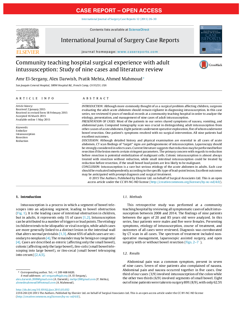 Community teaching hospital surgical experience with adult intussusception: Study of nine cases and literature review