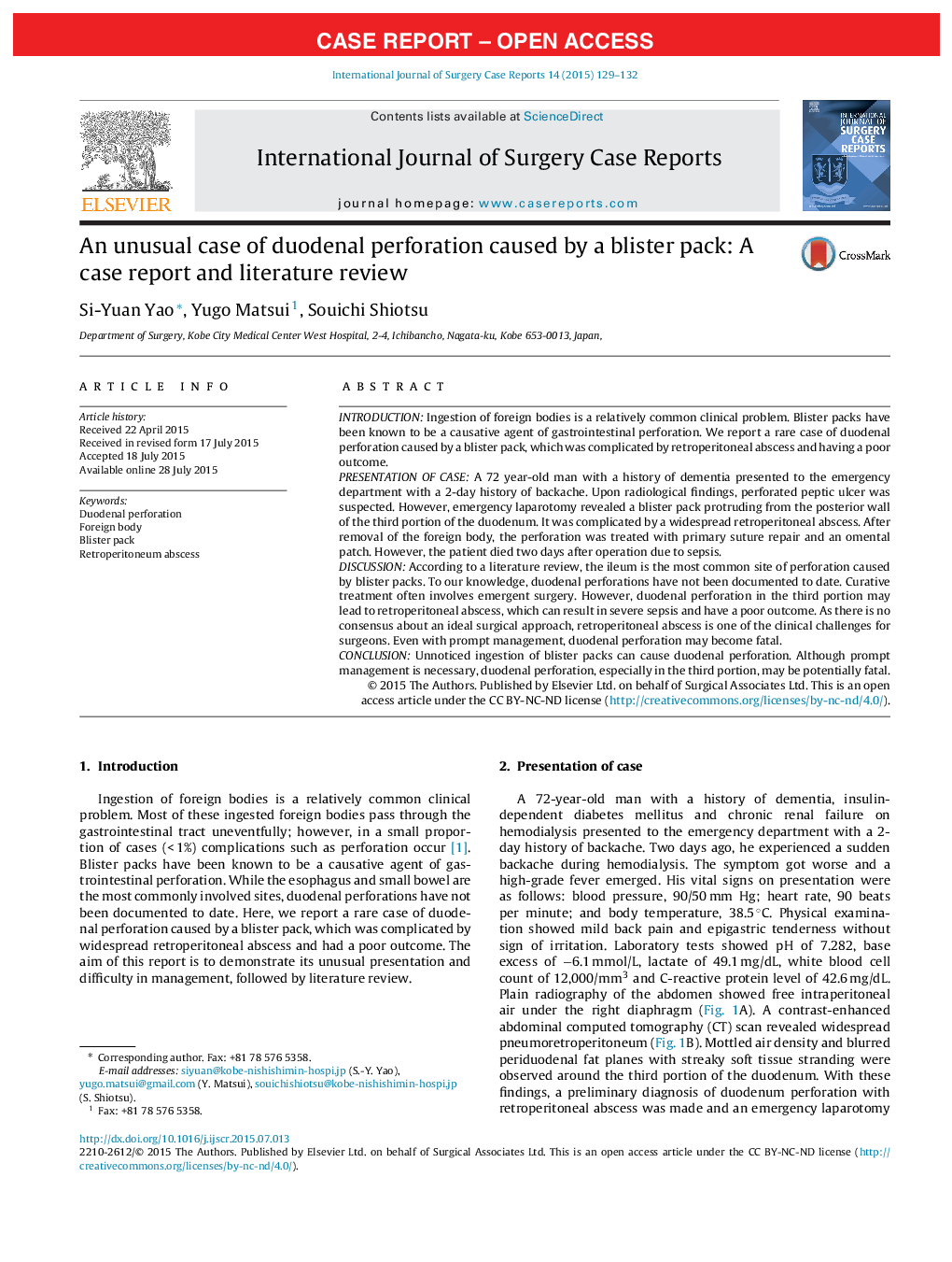 An unusual case of duodenal perforation caused by a blister pack: A case report and literature review