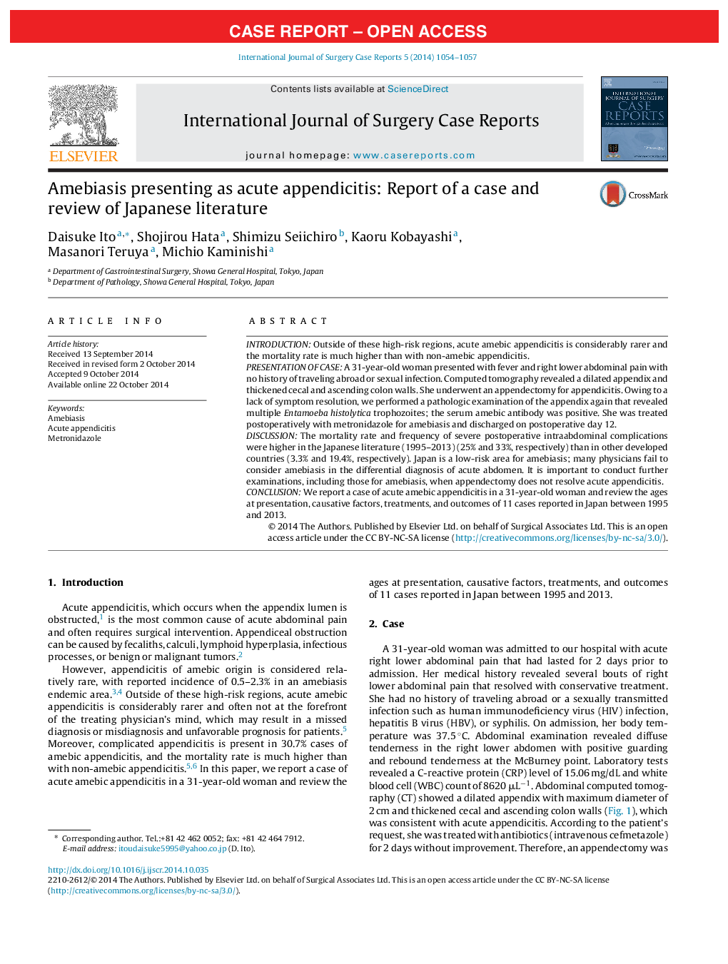 Amebiasis presenting as acute appendicitis: Report of a case and review of Japanese literature