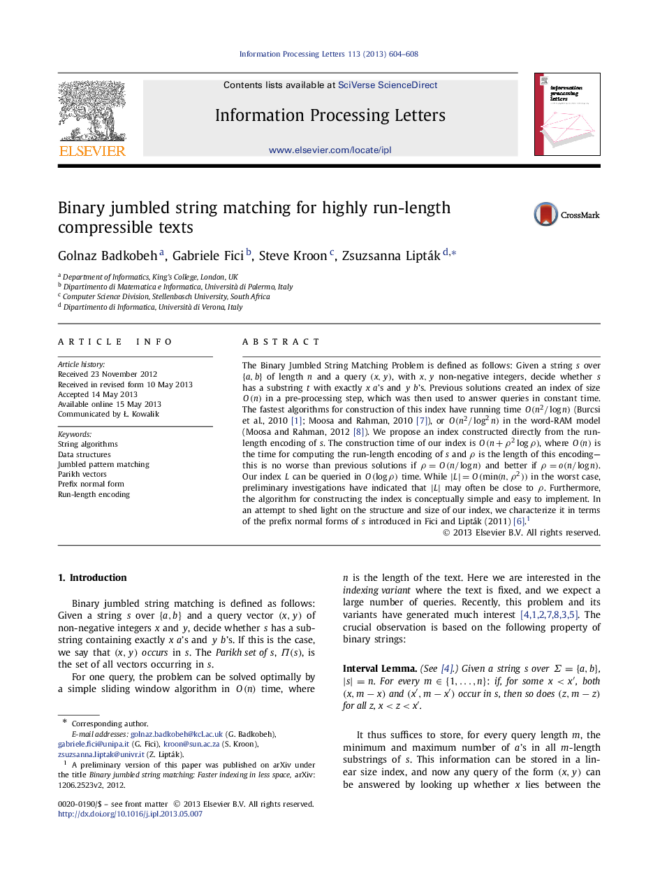 Binary jumbled string matching for highly run-length compressible texts