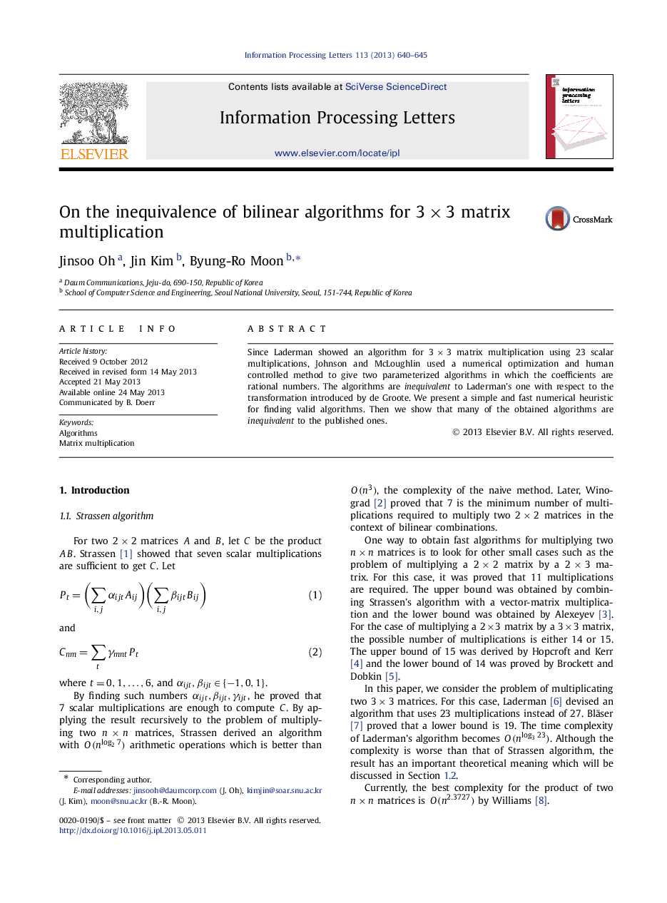 On the inequivalence of bilinear algorithms for 3×33×3 matrix multiplication