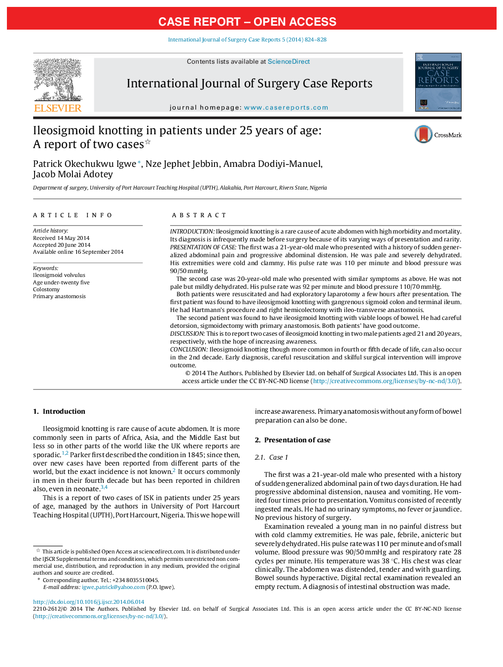 Ileosigmoid knotting in patients under 25 years of age: A report of two cases 