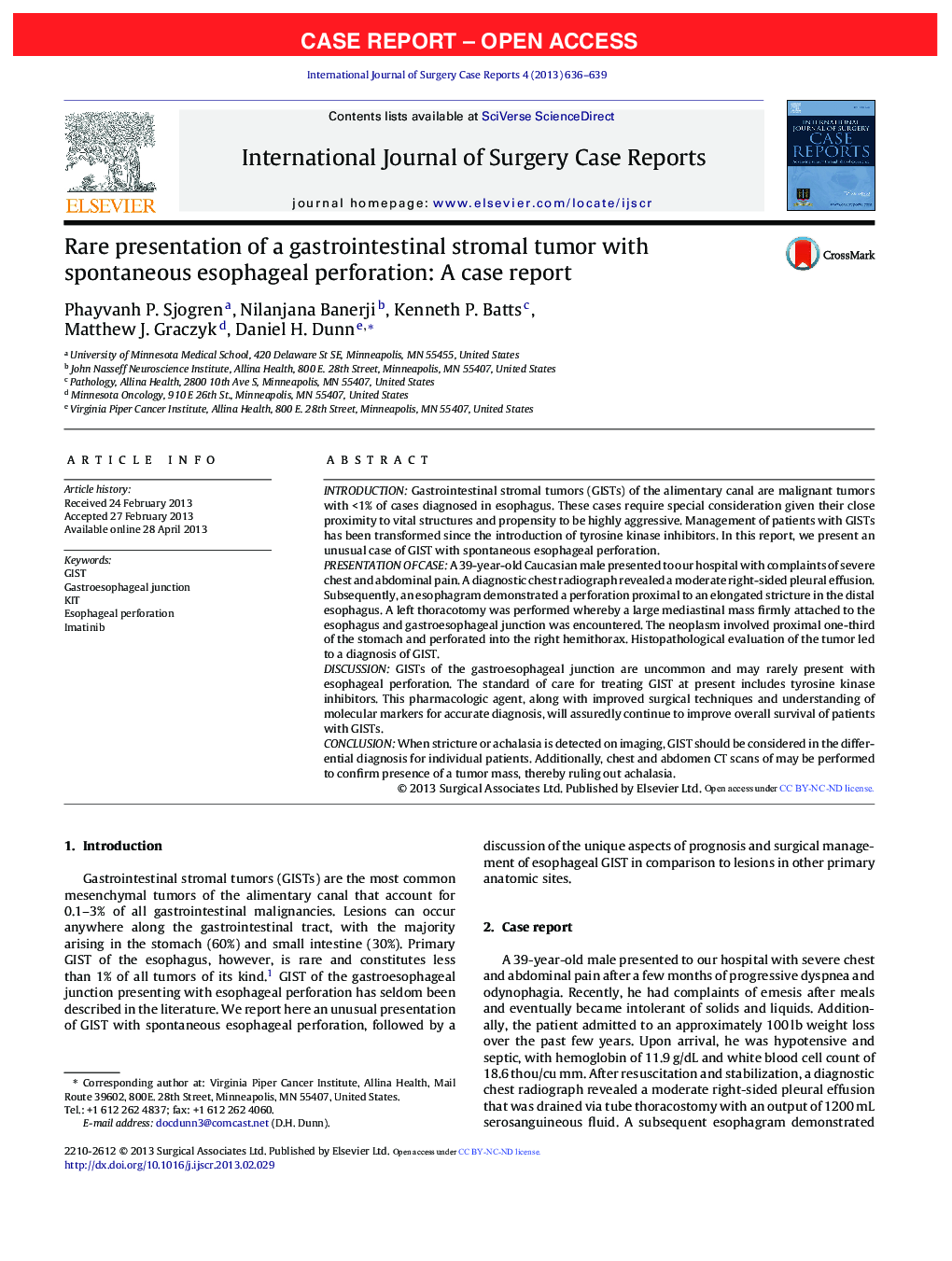 Rare presentation of a gastrointestinal stromal tumor with spontaneous esophageal perforation: A case report