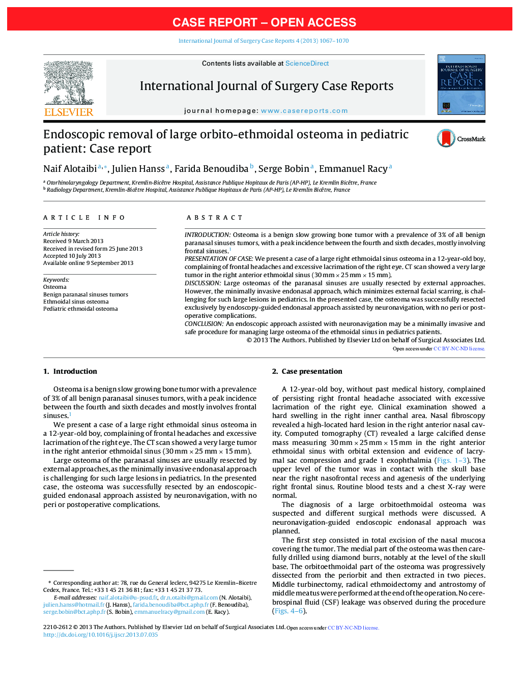 Endoscopic removal of large orbito-ethmoidal osteoma in pediatric patient: Case report