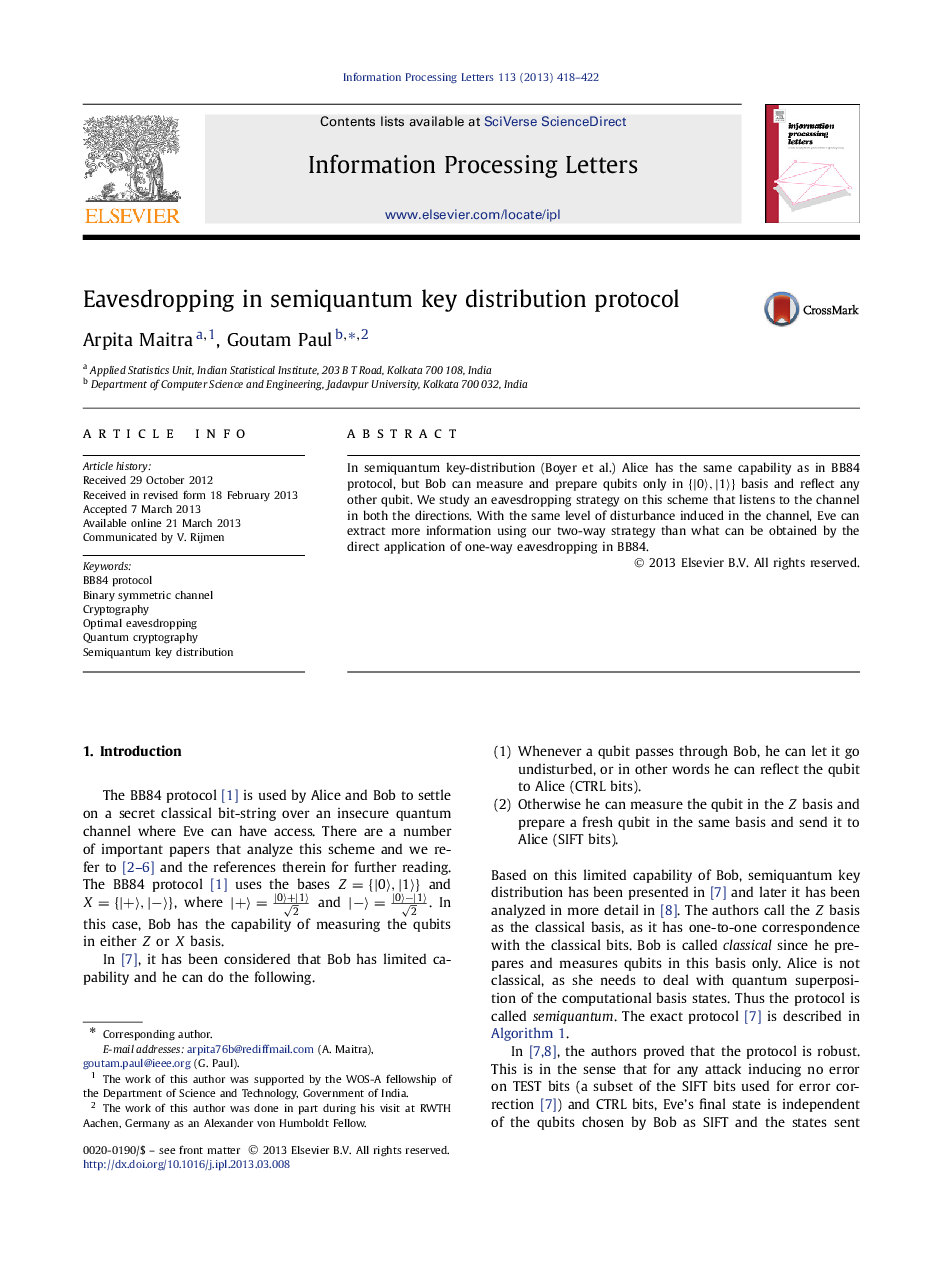 Eavesdropping in semiquantum key distribution protocol