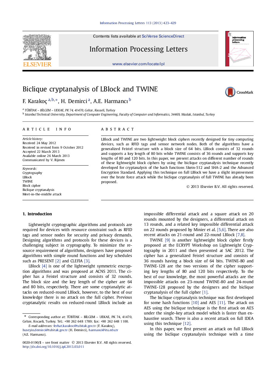 Biclique cryptanalysis of LBlock and TWINE