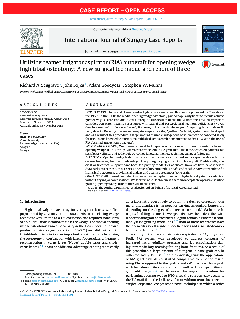 Utilizing reamer irrigator aspirator (RIA) autograft for opening wedge high tibial osteotomy: A new surgical technique and report of three cases