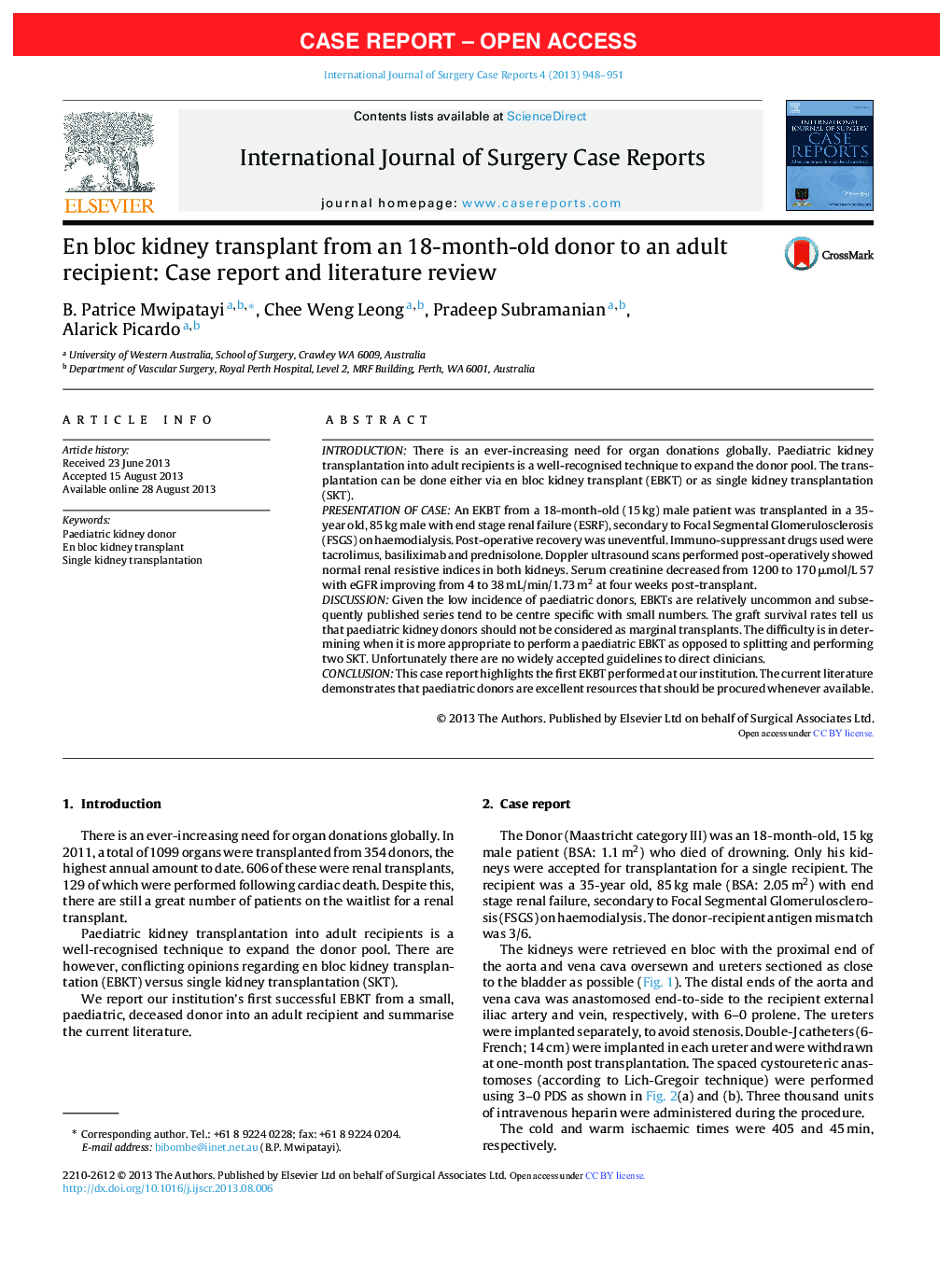 En bloc kidney transplant from an 18-month-old donor to an adult recipient: Case report and literature review