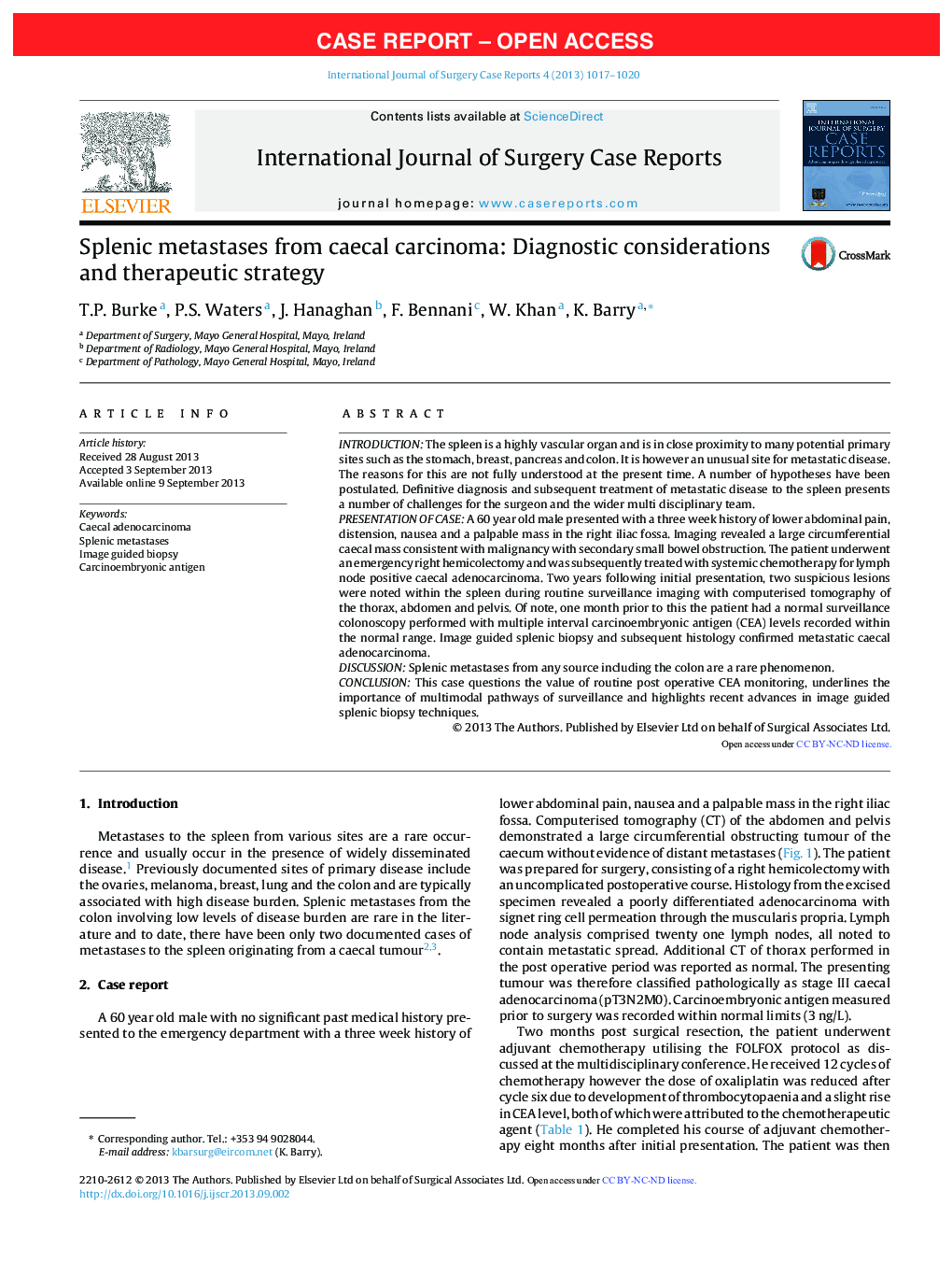 Splenic metastases from caecal carcinoma: Diagnostic considerations and therapeutic strategy